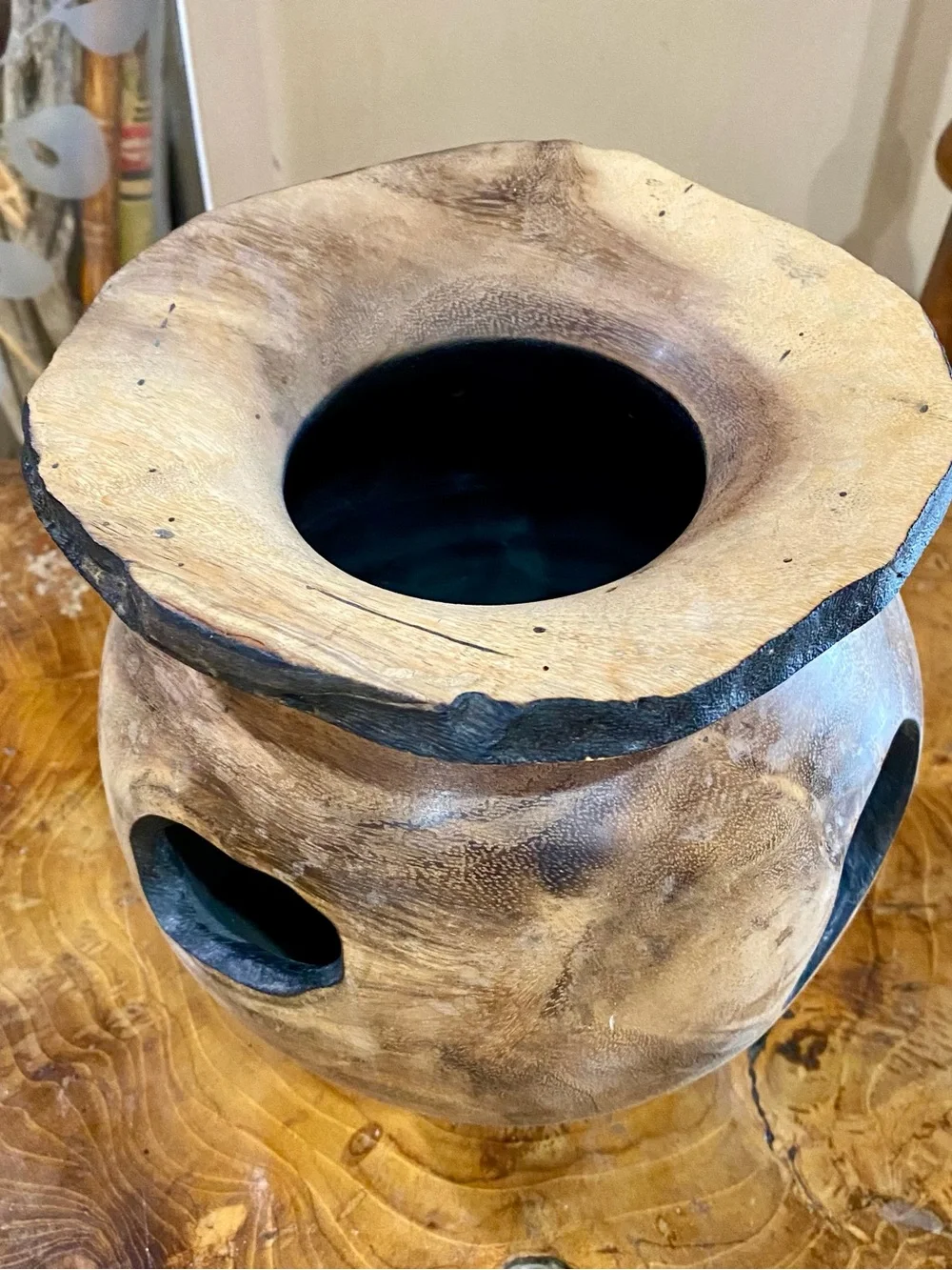 Vintage Teak Root Decorative Turned Wood Vase 8.5” Tall